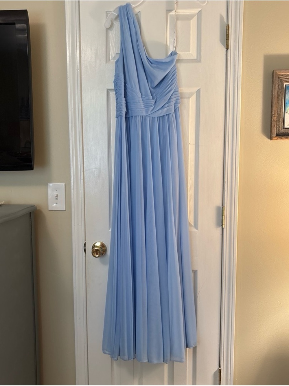 David's Bridal One-Shoulder Chiffon Gown in Light Blue